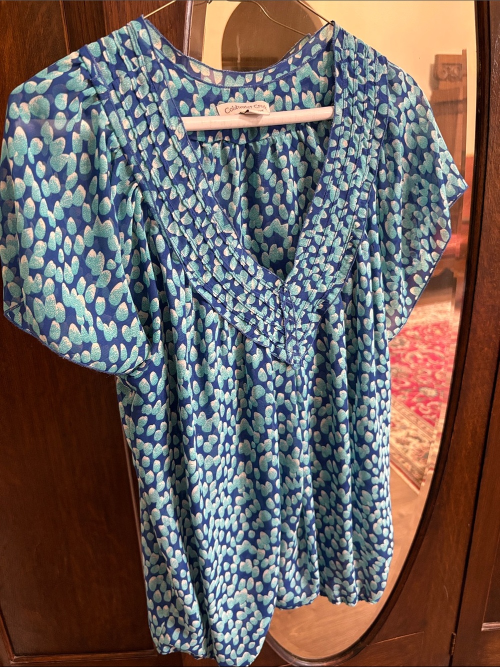 Coldwater Creek Blue & Aqua Printed V-Neck Blouse